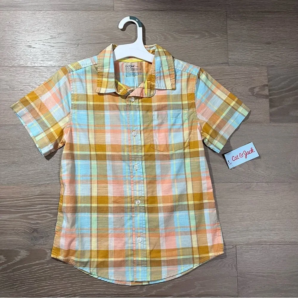 Cat & Jack Kids Plaid Button Down Shirt Easter Blue Yellow M / 8